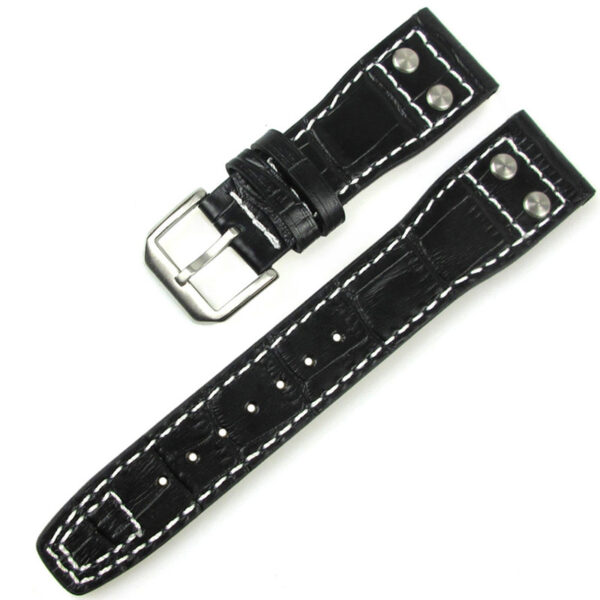Black Rivet Strap Band Seiko Mod In Calf Leather with printed Crocodile/Alligator Grain with White Stitching 22mm