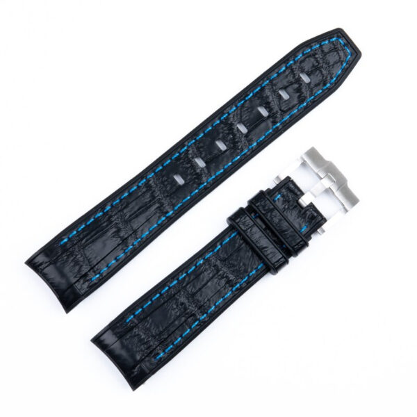 Black & Blue Strap Band for Seiko Mod Submariner, GMT Master Case in Crocodile/Alligator Grain with Rubber Back - 20mm