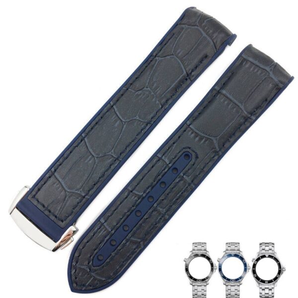 Black & Blue Strap Bracelet for Speedmaster, Seamaster Mod In Crocodile/Alligator & Rubber
