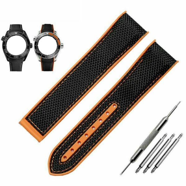 Black & Orange Strap Bracelet for Seamaster, Speedmaster Mod in Nylon/Rubber Back