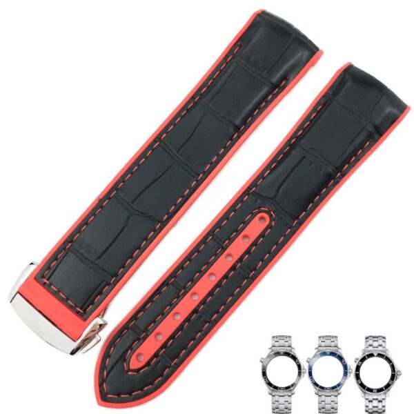 Black & Red Strap Bracelet for Speedmaster, Seamaster Mod In Crocodile/Alligator & Rubber - 19,20,21,22mm