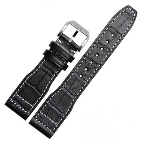 Black Strap Band for Seiko Mod In Calf Leather with printed Crocodile/Alligator Grain with White Stitching 20,21,22mm
