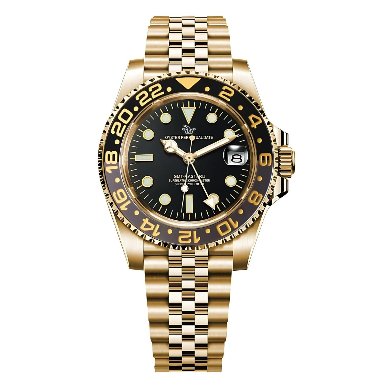 Seiko Mod GMT Master II – Yellow Gold Ceramic Bezel on Jubilee Bracelet – Custom NH34 Automatic Watch