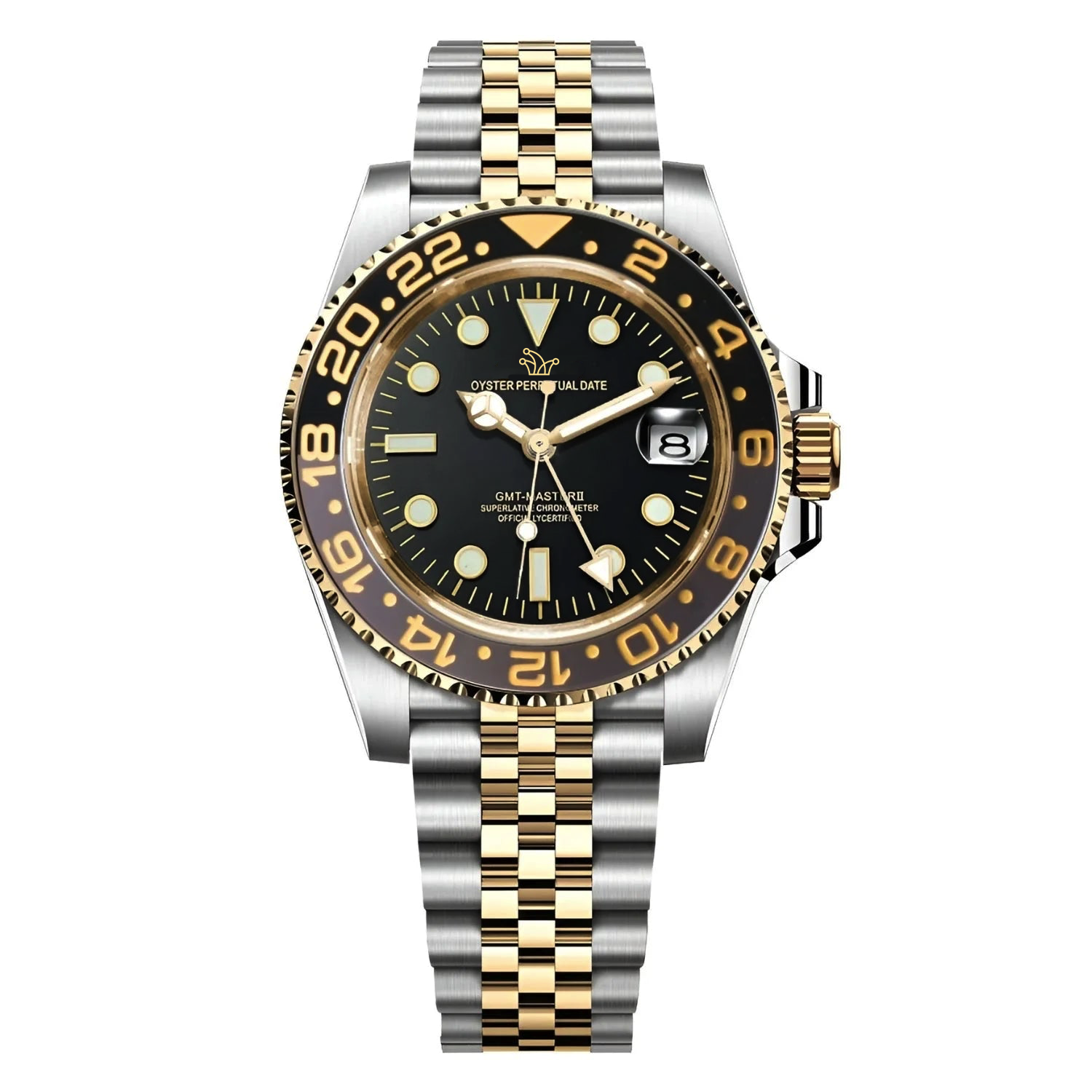 Seiko Mod GMT Master II – Two-Tone Black, Yellow Gold & Silver Ceramic on Jubilee Bracelet – Custom NH34 Automatic Watch