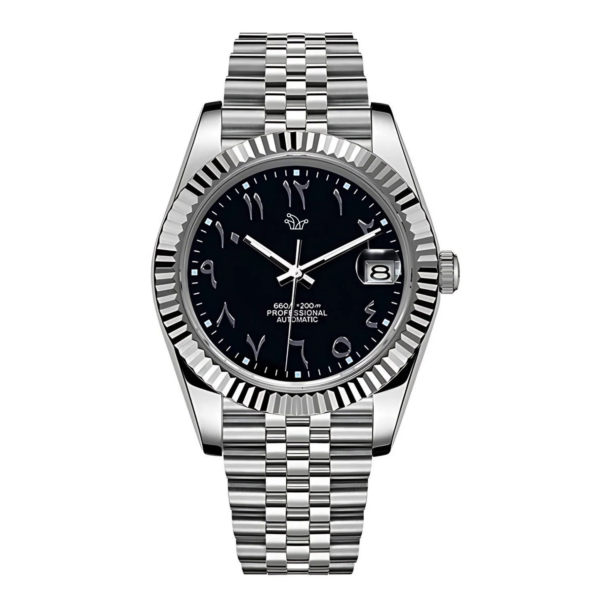 Black Seiko Mod Datejust on Jubilee Bracelet – Arabic Numeral Dial & Fluted Bezel – Custom NH35 Automatic Watch