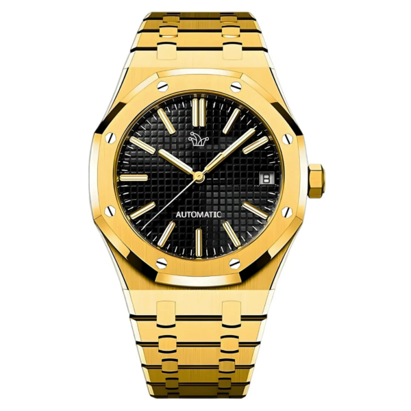 Black Yellow Gold Seiko Mod Royal Oak in Stainless Steel – Custom NH35 Automatic Watch