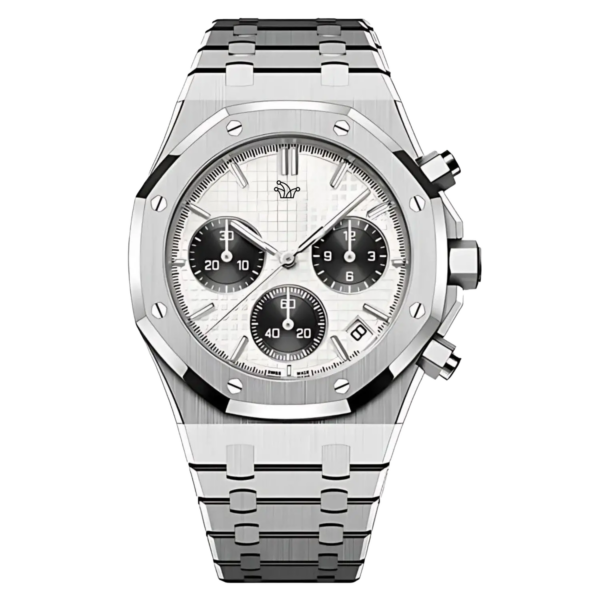 White Seiko Mod Royal Oak Chronograph with Panda Dial “Kasparov” – Custom VK63 Hybrid Movement Watch