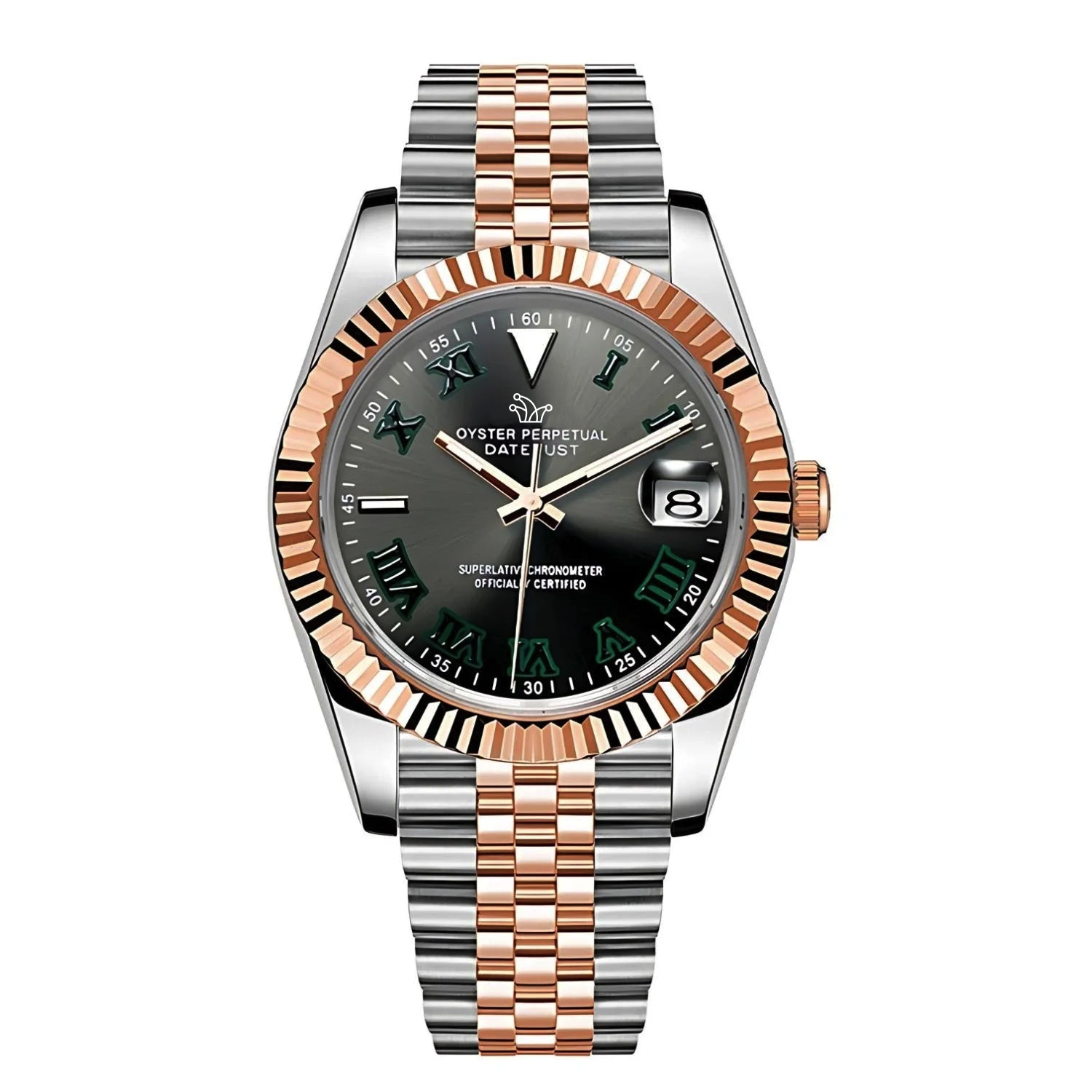 Seiko Mod Datejust Two-Tone Wimbledon on Jubilee – Roman Numeral Indices & Fluted Bezel – Custom NH35 Automatic Watch