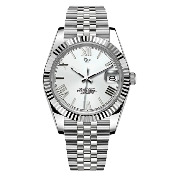 White Seiko Mod Datejust on Jubilee Bracelet – Roman Numeral Indices & Fluted Bezel – Custom NH35 Automatic Watch
