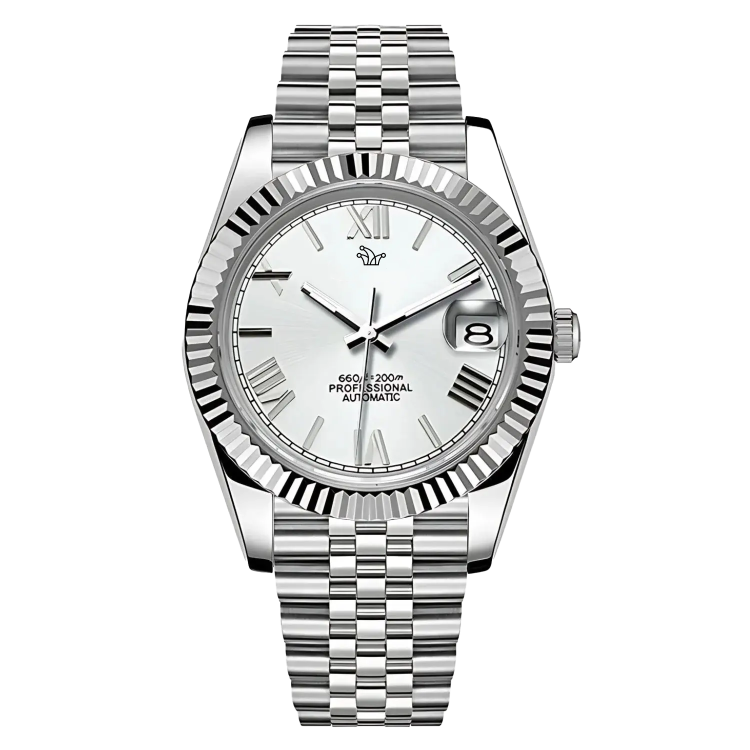 White Seiko Mod Datejust on Jubilee Bracelet – Roman Numeral Indices & Fluted Bezel – Custom NH35 Automatic Watch