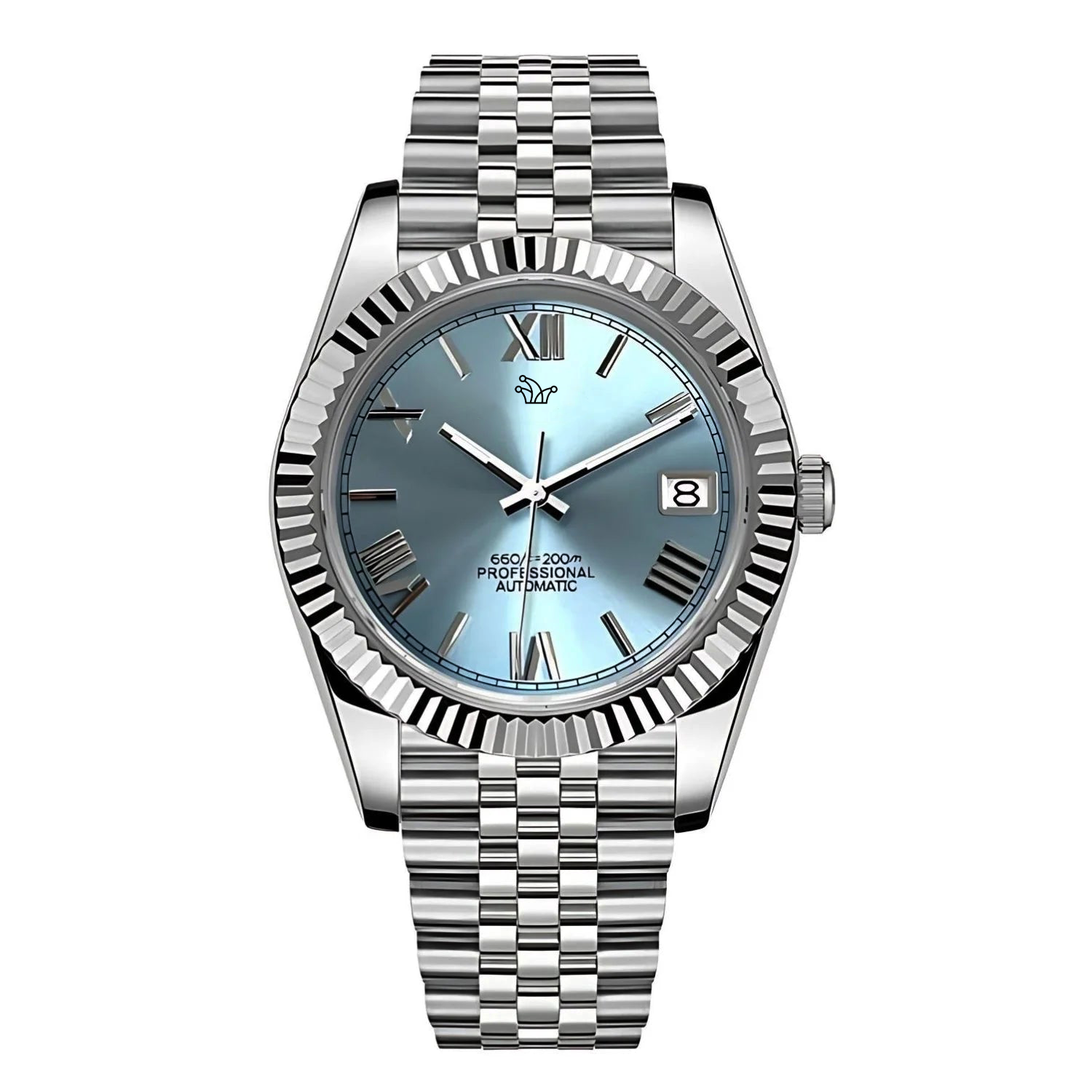 Ice Blue Seiko Mod Datejust on Jubilee Bracelet – Roman Numeral Indices & Fluted Bezel – Custom NH35 Automatic Watch