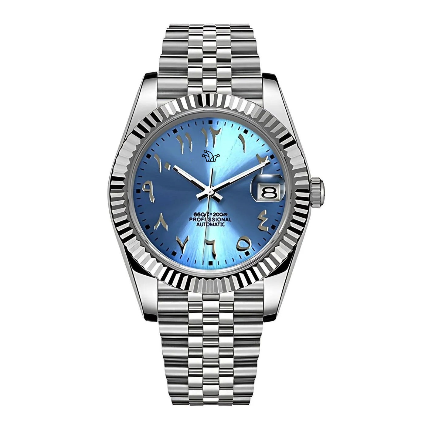 Ice Blue Seiko Mod Datejust on Jubilee Bracelet – Arabic Numeral Dial & Fluted Bezel – Custom NH35 Automatic Watch