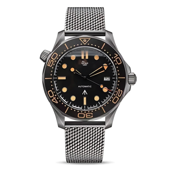 Black Seiko Mod Seamaster Vintage Edition – Broad Arrow Logo & Mesh Bracelet – Custom NH35 Watch