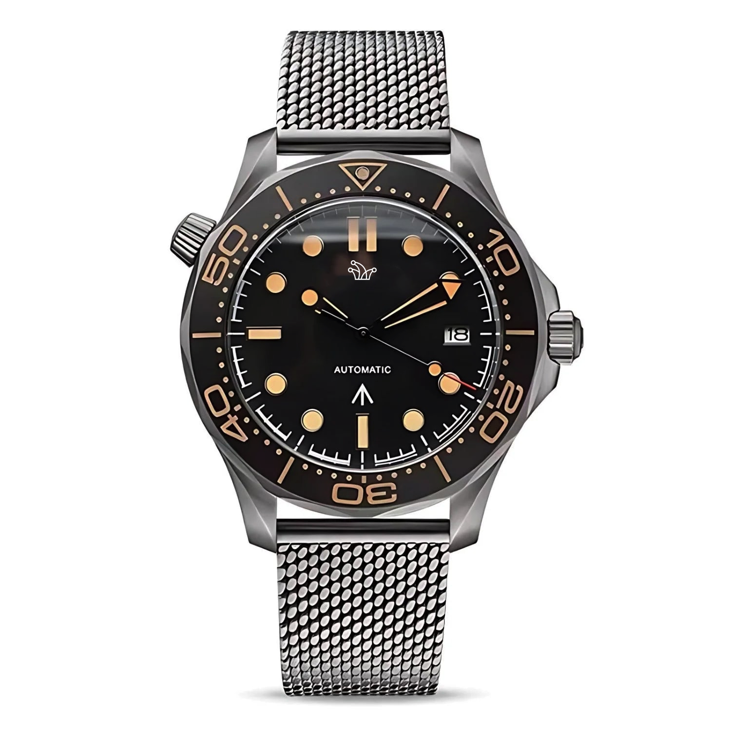 Black Seiko Mod Seamaster Vintage Edition – Broad Arrow Logo & Mesh Bracelet – Custom NH35 Watch