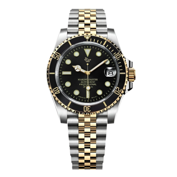Black Seiko Mod Vintage Two-Tone Silver & Gold Submariner Jubilee – Custom NH35 Automatic Watch