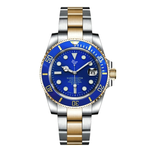 Blue Seiko Mod Two-Tone Yellow Gold Silver Submariner – Custom NH35 Automatic Watch
