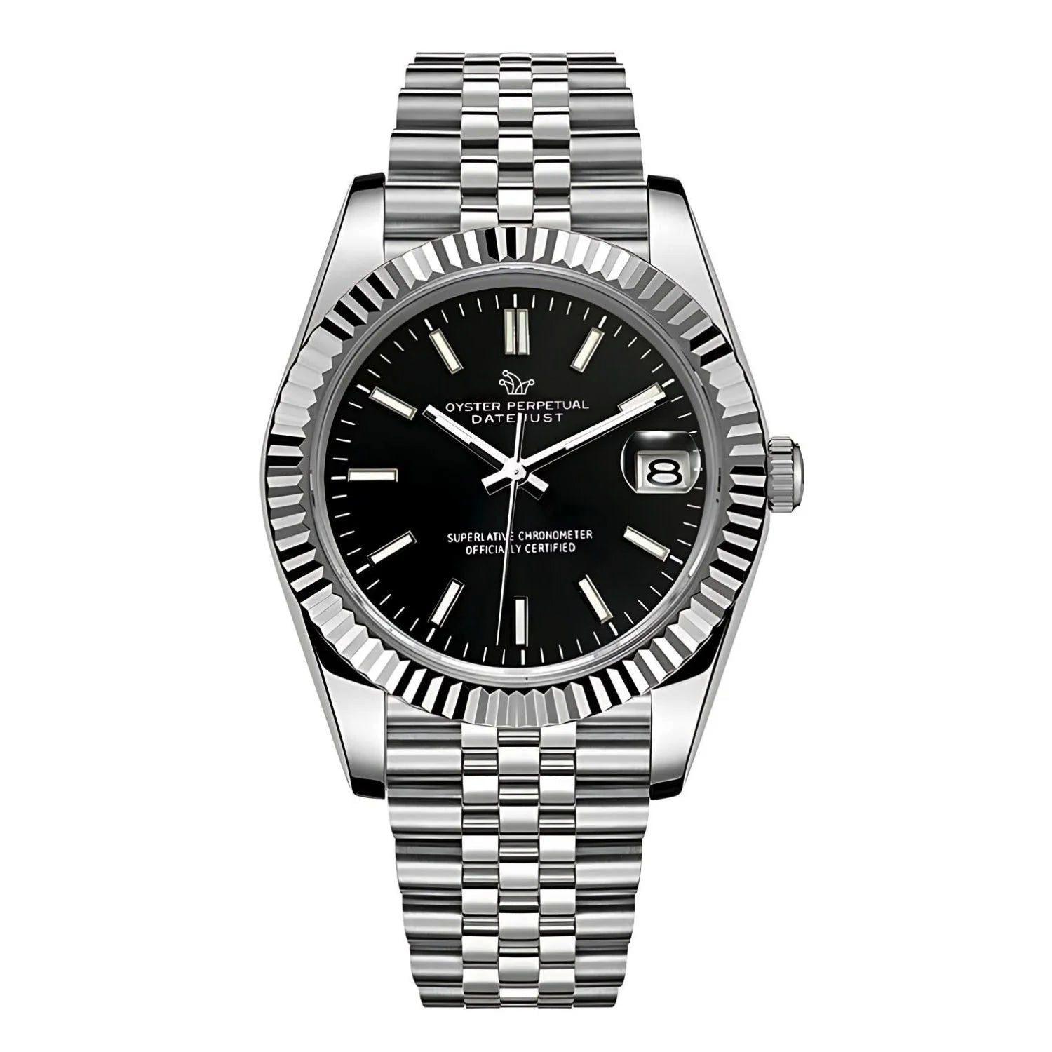 Black Seiko Mod Datejust with Fluted Bezel on Jubilee Bracelet – Custom NH35 Automatic Watch