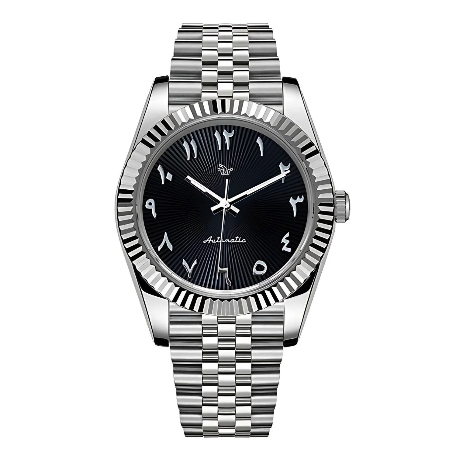 Black Seiko Mod Datejust on Jubilee Bracelet – Arabic Numeral Dial & Fluted Bezel – Custom NH35 Automatic Watch