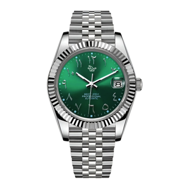 Green Seiko Mod Datejust on Jubilee Bracelet – Arabic Numeral Dial & Fluted Bezel – Custom NH35 Automatic Watch
