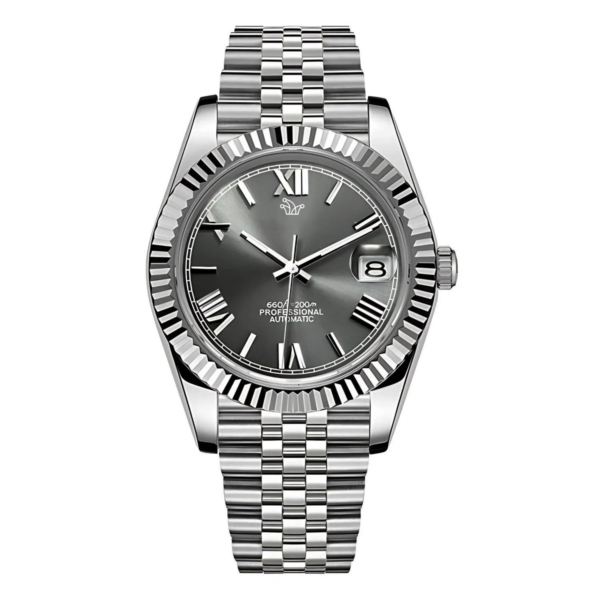 Grey Seiko Mod Datejust on Jubilee Bracelet – Roman Numeral Indices & Fluted Bezel – Custom NH35 Automatic Watch