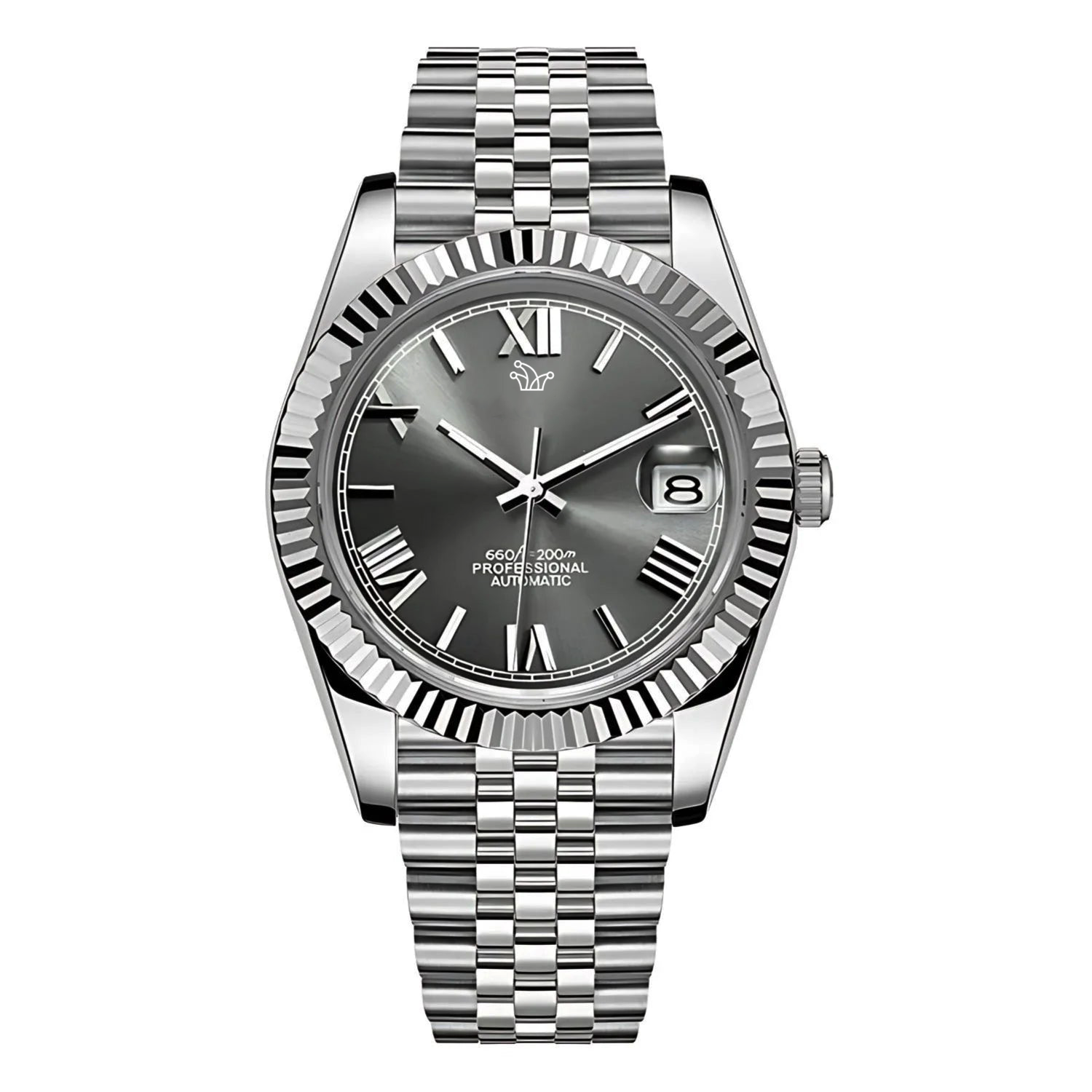 Grey Seiko Mod Datejust on Jubilee Bracelet – Roman Numeral Indices & Fluted Bezel – Custom NH35 Automatic Watch