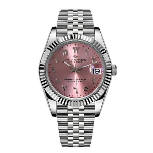 Pink Seiko Mod Datejust on Jubilee Bracelet – Arabic Numeral Dial & Fluted Bezel – Custom NH35 Automatic Watch