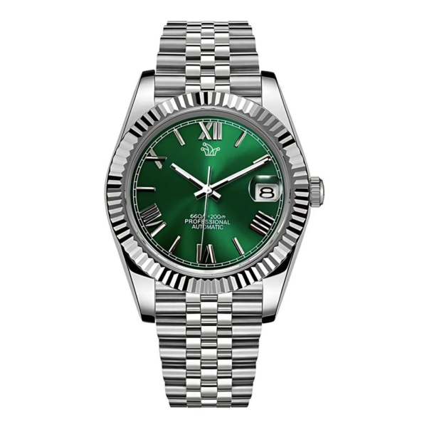 Green Seiko Mod Datejust on Jubilee Bracelet – Roman Numeral Indices & Fluted Bezel – Custom NH35 Automatic Watch